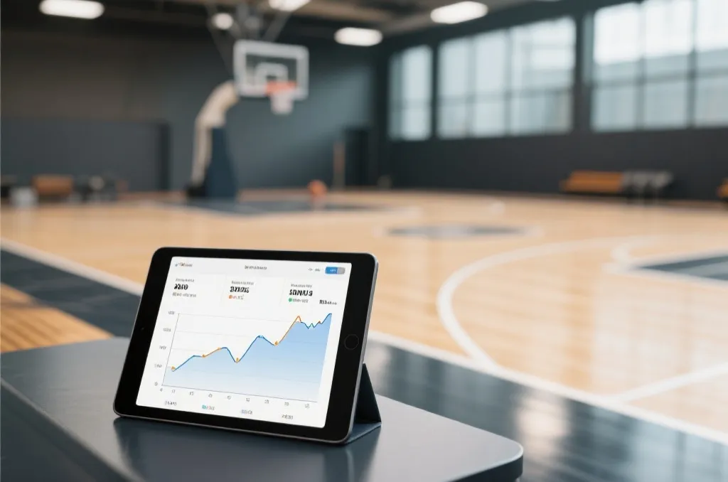 A modern generic basketball court during a break with a tablet displaying match statistics and line charts